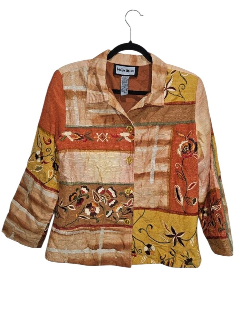 Indigo Moon Jacket Patchwork Embroidered Button Down Rust, Mustard Tan Medium